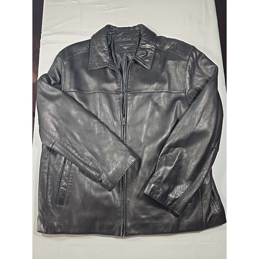 Dockers Black Leather Moto Jacket XL Men's‎ Biker Classic Vintage